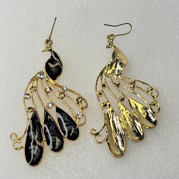Peacock Chandelier Earrings Gold and Black Bird Earrings - Picture 6 of 8